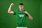 18 March 2024; Evan Ferguson poses for a portrait during a Republic of Ireland portrait session at Castleknock Hotel in Dublin. Photo by Stephen McCarthy/Sportsfile