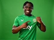 18 March 2024; Festy Ebosele poses for a portrait during a Republic of Ireland portrait session at Castleknock Hotel in Dublin. Photo by Stephen McCarthy/Sportsfile