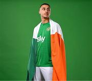 18 March 2024; Adam Idah poses for a portrait during a Republic of Ireland portrait session at Castleknock Hotel in Dublin. Photo by Stephen McCarthy/Sportsfile