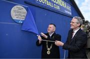 23 March 2024; The Lord Mayor of Dublin Daithí de Róiste and Uachtarán Chumann Lúthchleas Gael Jarlath Burns at the official unveiling of a plaque by Dublin City Council and the GAA at Clonturk Park in Drumcondra, commemorating it as a location for the All-Ireland hurling and football finals of 1890, 1891, 1892 and 1894. Photo by Ray McManus/Sportsfile