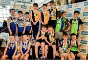 23 March 2024; Medalists in the boys under 12 4x200m relay during day one of the 123.ie National Juvenile Indoor Championships at the TUS International Arena in Athlone. Photo by Stephen Marken/Sportsfile