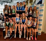 23 March 2024; Medalists in the girls under 18 4x200m relay during day one of the 123.ie National Juvenile Indoor Championships at the TUS International Arena in Athlone. Photo by Stephen Marken/Sportsfile