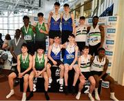 23 March 2024; Medalists in the boys under 18 4x200m relay during day one of the 123.ie National Juvenile Indoor Championships at the TUS International Arena in Athlone. Photo by Stephen Marken/Sportsfile