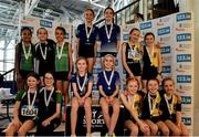 23 March 2024; Medalists in the girls under 12 4x200m relay during day one of the 123.ie National Juvenile Indoor Championships at the TUS International Arena in Athlone. Photo by Stephen Marken/Sportsfile