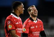 23 March 2024; Emirates Lions players Hanru Sirgel, right, and Darrien Landsberg celebrates after their side's victory in the United Rugby Championship match between Connacht and Emirates Lions at Dexcom Stadium in Galway. Photo by Piaras Ó Mídheach/Sportsfile