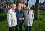 23 March 2024; Roger Ryan, President, The Rockies, left, John Norberg, who had his grandfather on the 1894 team, and Frank Murphy, retired Cork County Secretary, right, at the official unveiling of a plaque by Dublin City Council and the GAA at Clonturk Park in Drumcondra, commemorating it as a location for the All-Ireland hurling and football finals of 1890, 1891, 1892 and 1894. Photo by Ray McManus/Sportsfile