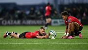 23 March 2024; Richard Kriel of Emirates Lions holds the ball in place for a conversion attempt by team-mate Jordan Hendrikse, right, during the United Rugby Championship match between Connacht and Emirates Lions at Dexcom Stadium in Galway. Photo by Piaras Ó Mídheach/Sportsfile