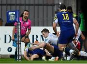 23 March 2024; Luke McGrath of Leinster dives over to score his side's third try during the United Rugby Championship match between Zebre Parma and Leinster at Stadio Sergio Lanfranchi in Parma, Italy. Photo by Harry Murphy/Sportsfile