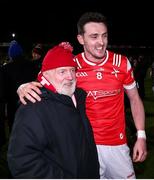 23 March 2024; Tommy Durnin of Louth celebrates with a supporter after the Allianz Football League Division 2 match between Kildare and Louth at Netwatch Cullen Park in Carlow. Photo by Michael P Ryan/Sportsfile
