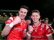 23 March 2024; Louth players, Tommy Durnin, left, and Anthony Williams after their side's victory in the Allianz Football League Division 2 match between Kildare and Louth at Netwatch Cullen Park in Carlow. Photo by Michael P Ryan/Sportsfile
