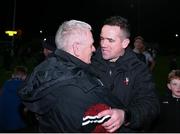 23 March 2024; Louth manager Ger Brennan is congratulated by Louth county board chairman Sean McClean after the Allianz Football League Division 2 match between Kildare and Louth at Netwatch Cullen Park in Carlow. Photo by Michael P Ryan/Sportsfile