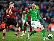 23 March 2024; Will Smallbone of Republic of Ireland in action against Arthur Vermeeren of Belgium during the international friendly match between Republic of Ireland and Belgium at the Aviva Stadium in Dublin. Photo by Seb Daly/Sportsfile