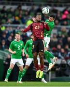 23 March 2024; Michy Batshuayi of Belgium in action against Josh Cullen of Republic of Ireland during the international friendly match between Republic of Ireland and Belgium at the Aviva Stadium in Dublin. Photo by Seb Daly/Sportsfile