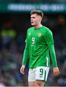 23 March 2024; Evan Ferguson of Republic of Ireland during the international friendly match between Republic of Ireland and Belgium at the Aviva Stadium in Dublin. Photo by Seb Daly/Sportsfile