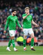 23 March 2024; Republic of Ireland players Andrew Omobamidele, left, and Nathan Collins during the international friendly match between Republic of Ireland and Belgium at the Aviva Stadium in Dublin. Photo by Seb Daly/Sportsfile