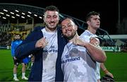 23 March 2024; Ed Byrne of Leinster is congratulated by teammate Will Connors after making his 100th Leinster appearance in during the United Rugby Championship match between Zebre Parma and Leinster at Stadio Sergio Lanfranchi in Parma, Italy. Photo by Harry Murphy/Sportsfile