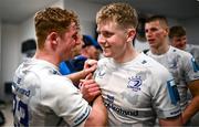 23 March 2024; Andrew Osborne of Leinster is congratulated by teammate Henry McErlean after making his Leinster debut in the United Rugby Championship match between Zebre Parma and Leinster at Stadio Sergio Lanfranchi in Parma, Italy. Photo by Harry Murphy/Sportsfile