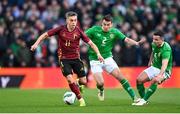 23 March 2024; Leandro Trossard of Belgium in action against Seamus Coleman, centre, and Josh Cullen of Republic of Ireland during the international friendly match between Republic of Ireland and Belgium at the Aviva Stadium in Dublin. Photo by Seb Daly/Sportsfile