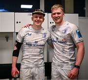 23 March 2024; Andrew Osborne of Leinster his presented with his first Leinster cap by brother and teammate Jamie Osborne after making his Leinster debut in the United Rugby Championship match between Zebre Parma and Leinster at Stadio Sergio Lanfranchi in Parma, Italy. Photo by Harry Murphy/Sportsfile