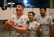 23 March 2024; Diarmuid Mangan of Leinster sings in the dressing room after making his Leinster debut in the United Rugby Championship match between Zebre Parma and Leinster at Stadio Sergio Lanfranchi in Parma, Italy. Photo by Harry Murphy/Sportsfile