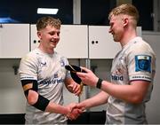 23 March 2024; Andrew Osborne of Leinster his presented with his first Leinster cap by brother and teammate Jamie Osborne after making his Leinster debut in the United Rugby Championship match between Zebre Parma and Leinster at Stadio Sergio Lanfranchi in Parma, Italy. Photo by Harry Murphy/Sportsfile
