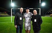 23 March 2024; Diarmuid Mangan of Leinster with his father Cormac and grandfather Colm after making his Leinster debut in the United Rugby Championship match between Zebre Parma and Leinster at Stadio Sergio Lanfranchi in Parma, Italy. Photo by Harry Murphy/Sportsfile