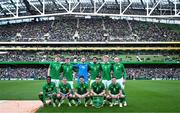 23 March 2024; The Republic of Ireland team, back row, from left to right, Nathan Collins, Evan Ferguson, Caoimhin Kelleher, Andrew Omobamidele, Dara O'Shea and Will Smallbone. Front row, from left, Chiedozie Ogbene, Sammie Szmodics, Robbie Brady, Seamus Coleman and Josh Cullen before the international friendly match between Republic of Ireland and Belgium at the Aviva Stadium in Dublin. Photo by Stephen McCarthy/Sportsfile