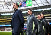23 March 2024; Republic of Ireland interim head coach John O'Shea stands for the playing of the National Anthem before the international friendly match between Republic of Ireland and Belgium at the Aviva Stadium in Dublin. Photo by Stephen McCarthy/Sportsfile