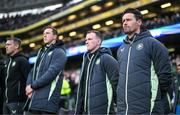 23 March 2024; Republic of Ireland staff, from right, assistant coach Paddy McCarthy, assistant coach Glenn Whelan, goalkeeping coach Rene Gilmartin and head of athletic performance Damien Doyle before the international friendly match between Republic of Ireland and Belgium at the Aviva Stadium in Dublin. Photo by Stephen McCarthy/Sportsfile