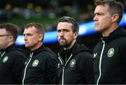 23 March 2024; Republic of Ireland team doctor Sean Carmody, centre, with head of athletic performance Damien Doyle, right, and lead physiotherapist Danny Miller, left, before the international friendly match between Republic of Ireland and Belgium at the Aviva Stadium in Dublin. Photo by Stephen McCarthy/Sportsfile