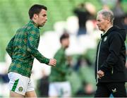 23 March 2024; Republic of Ireland's Seamus Coleman and technical advisor Brian Kerr before the international friendly match between Republic of Ireland and Belgium at the Aviva Stadium in Dublin. Photo by Stephen McCarthy/Sportsfile