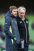 23 March 2024; Republic of Ireland athletic therapist Sam Rice and technical advisor Brian Kerr, right, before the international friendly match between Republic of Ireland and Belgium at the Aviva Stadium in Dublin. Photo by Stephen McCarthy/Sportsfile