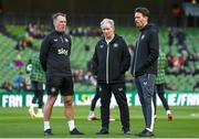 23 March 2024; Republic of Ireland assistant coach Glenn Whelan, left, technical advisor Brian Kerr and assistant coach Paddy McCarthy, right, before the international friendly match between Republic of Ireland and Belgium at the Aviva Stadium in Dublin. Photo by Stephen McCarthy/Sportsfile