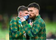 23 March 2024; Matt Doherty of Republic of Ireland takes a drink before the international friendly match between Republic of Ireland and Belgium at the Aviva Stadium in Dublin. Photo by Stephen McCarthy/Sportsfile