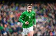 23 March 2024; Evan Ferguson of Republic of Ireland during the international friendly match between Republic of Ireland and Belgium at the Aviva Stadium in Dublin. Photo by Stephen McCarthy/Sportsfile