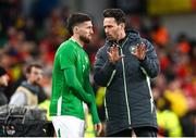 23 March 2024; Matt Doherty of Republic of Ireland and assistant coach Paddy McCarthy during the international friendly match between Republic of Ireland and Belgium at the Aviva Stadium in Dublin. Photo by Stephen McCarthy/Sportsfile