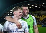 23 March 2024; Andrew Osborne and Ross Molony of Leinster after their side's victory in the United Rugby Championship match between Zebre Parma and Leinster at Stadio Sergio Lanfranchi in Parma, Italy. Photo by Harry Murphy/Sportsfile