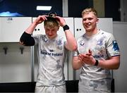 23 March 2024; Andrew Osborne of Leinster is presented his first cap by brother and teammate Jamie Osborne after making his Leinster debut in the United Rugby Championship match between Zebre Parma and Leinster at Stadio Sergio Lanfranchi in Parma, Italy. Photo by Harry Murphy/Sportsfile