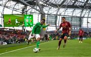 23 March 2024; Chiedozie Ogbene of Republic of Ireland in action against Aster Vranckx of Belgium during the international friendly match between Republic of Ireland and Belgium at the Aviva Stadium in Dublin. Photo by Stephen McCarthy/Sportsfile