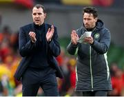 23 March 2024; Republic of Ireland interim head coach John O'Shea and assistant coach Paddy McCarthy, right, during the international friendly match between Republic of Ireland and Belgium at the Aviva Stadium in Dublin. Photo by Stephen McCarthy/Sportsfile