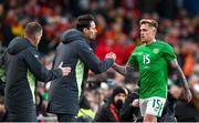 23 March 2024; Sammie Szmodics of Republic of Ireland with assistant coach Paddy McCarthy during the international friendly match between Republic of Ireland and Belgium at the Aviva Stadium in Dublin. Photo by Stephen McCarthy/Sportsfile