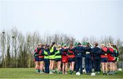 24 March 2024; Limerick players and management huddle before the Lidl LGFA National League Division 4 semi-final match between Leitrim and Limerick at Pádraig Pearses GAA Club in Roscommon. Photo by Seb Daly/Sportsfile