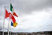 24 March 2024; The Derry, Irish tricolour and Roscommon flags fly before the Allianz Football League Division 1 match between Derry and Roscommon at Celtic Park in Derry. Photo by Ramsey Cardy/Sportsfile