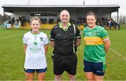 24 March 2024; Referee Eoghan O'Neill with team captains Yvonne Lee of Limerick, left, and Michelle Guckian of Leitrim before the Lidl LGFA National League Division 4 semi-final match between Leitrim and Limerick at Pádraig Pearses GAA Club in Roscommon. Photo by Seb Daly/Sportsfile