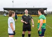 24 March 2024; Referee Eoghan O'Neill with team captains Yvonne Lee of Limerick, left, and Michelle Guckian of Leitrim before the Lidl LGFA National League Division 4 semi-final match between Leitrim and Limerick at Pádraig Pearses GAA Club in Roscommon. Photo by Seb Daly/Sportsfile