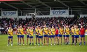 24 March 2024; The Roscommon team during the playing of the National Anthem before the Allianz Football League Division 1 match between Derry and Roscommon at Celtic Park in Derry. Photo by Ramsey Cardy/Sportsfile