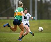 24 March 2024; Deborah Murphy of Limerick scores her side's first goal during the Lidl LGFA National League Division 4 semi-final match between Leitrim and Limerick at Pádraig Pearses GAA Club in Roscommon. Photo by Seb Daly/Sportsfile
