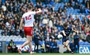 24 March 2024; Dublin goalkeeper Evan Comerford shoots to score his side's first point during the Allianz Football League Division 1 match between Dublin and Tyrone at Croke Park in Dublin. Photo by Shauna Clinton/Sportsfile