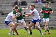 24 March 2024; Rory Bickenden of Mayo in action against Conor McCarthy, left, and Andrew Woods of Monaghan during the Allianz Football League Division 1 match between Monaghan and Mayo at St Tiernach's Park in Clones, Monaghan. Photo by Ben McShane/Sportsfile