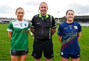 24 March 2024; Referee Ciaran Groome poses for a photograph with captains Shannan McQuade of Fermanagh and Ruth Bermingham of Carlow before the Lidl LGFA National League Division 4 semi-final match between Fermanagh and Carlow at Dowdallshill GAA Club in Dundalk, Louth. Photo by Tyler Miller/Sportsfile